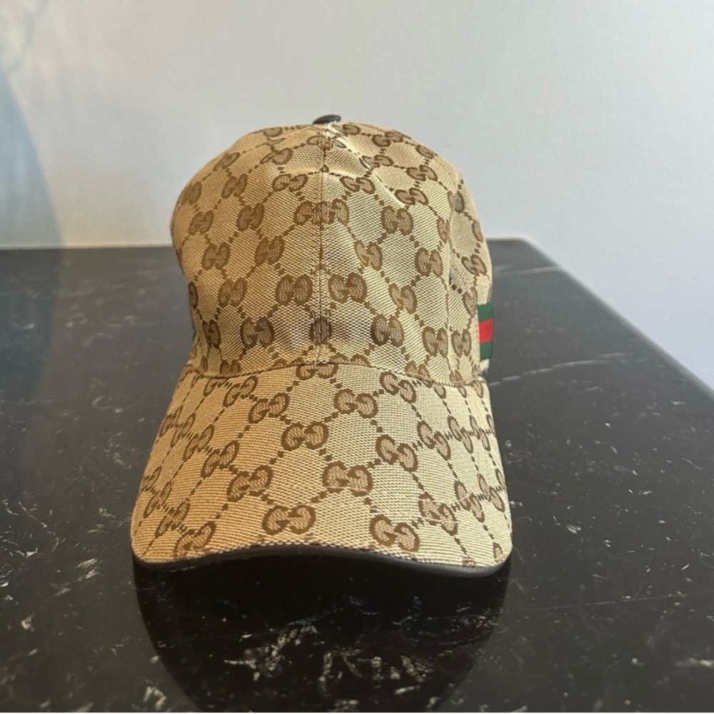 SOLD Gucci Beige/Brown Monogram Baseball Cap with Green-Red Stripe